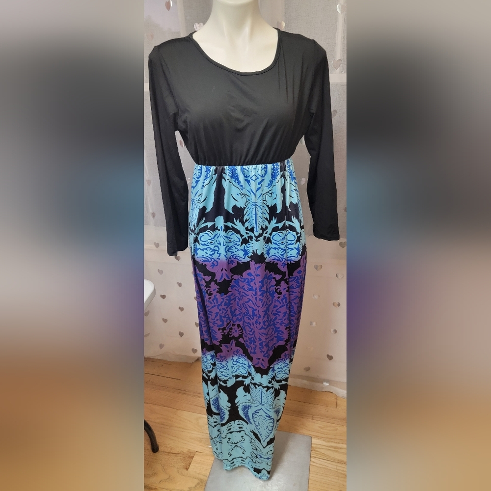 #72 Maxi Dress with Black Top Half / Blue Purple Patterned Lower Half 3XL